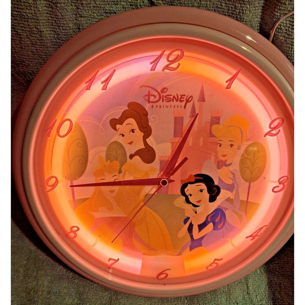 Disney Princess Neon Wall Clock Pink Glow Box 2005 Cinderella Snow White Belle..
